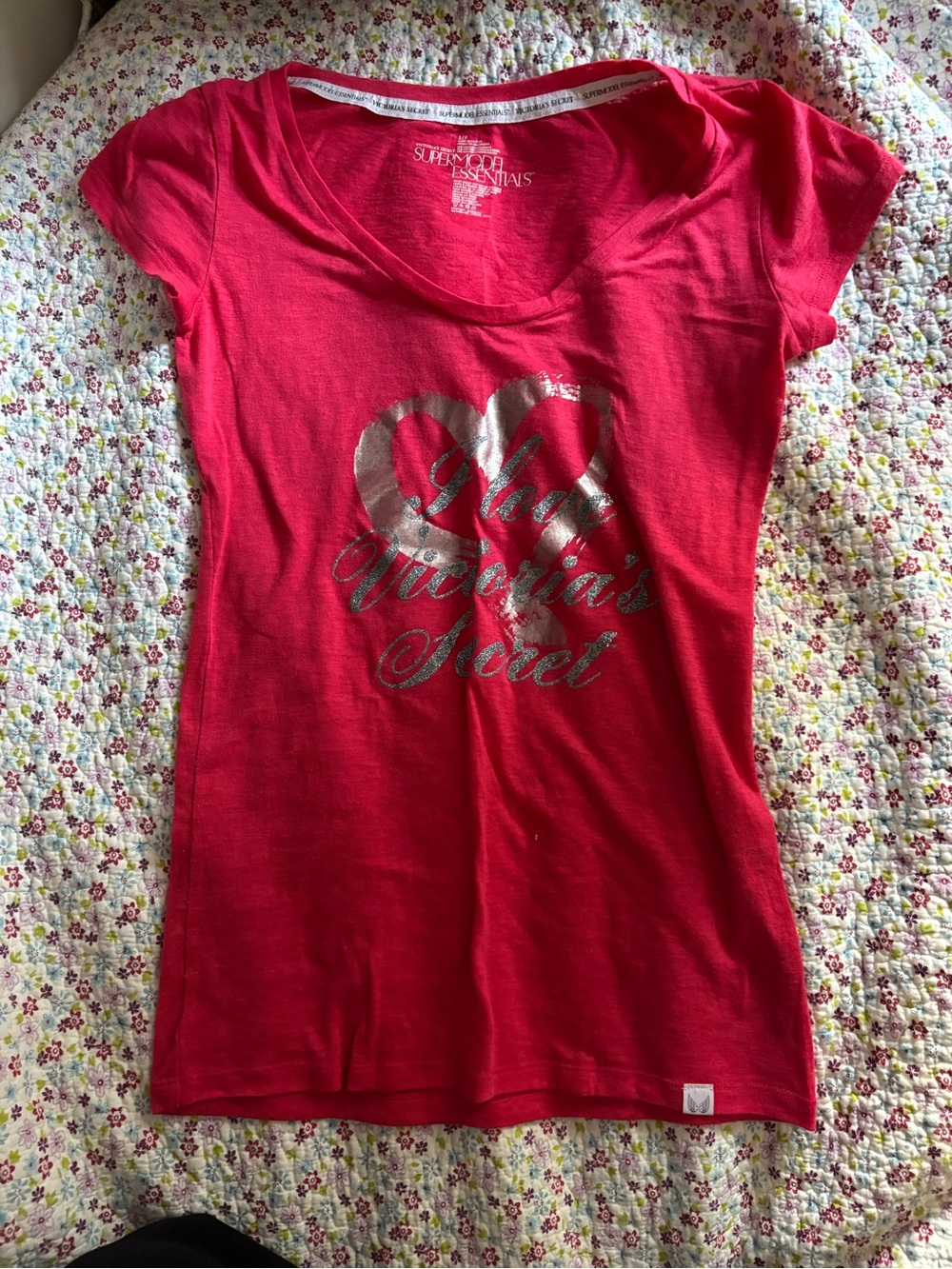 Victoria's Secret Hot Pink Scoop Neck Tee with Metallic Heart Logo
